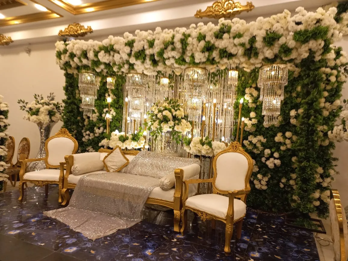 White rose and crystal chandelier stage